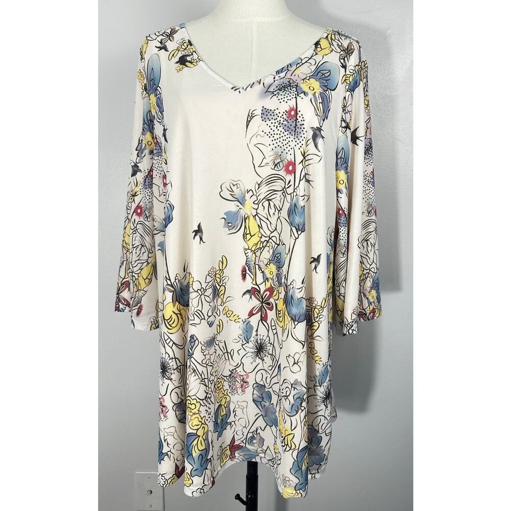 MissLook Floral Tunic Top Boho L Cottagecore Fairycore Artsy Romantic 3/4 Sleeve